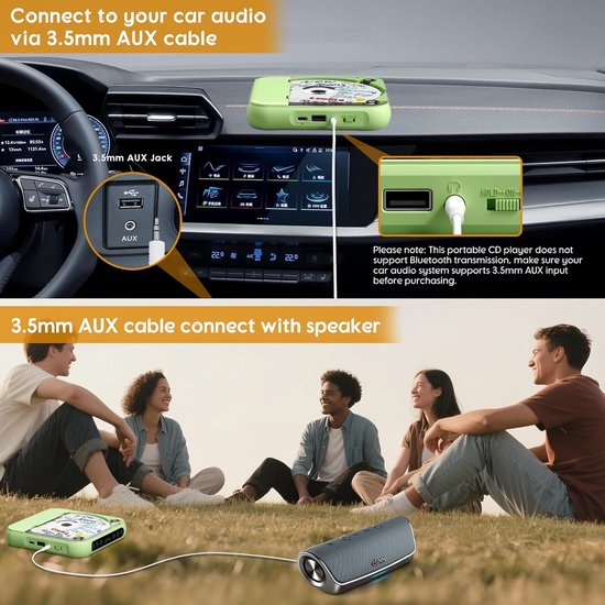 KZQ Draagbare cd-speler - Bluetooth-functionaliteit - Oplaadbaar - Ingebouwde hifi-luidsprekers - Hoofdtelefoonaansluiting - Ondersteunt cd-/AUX-/USB-ingang - Geschikt voor thuis/in de auto - Groen van kzq — afbeelding 2