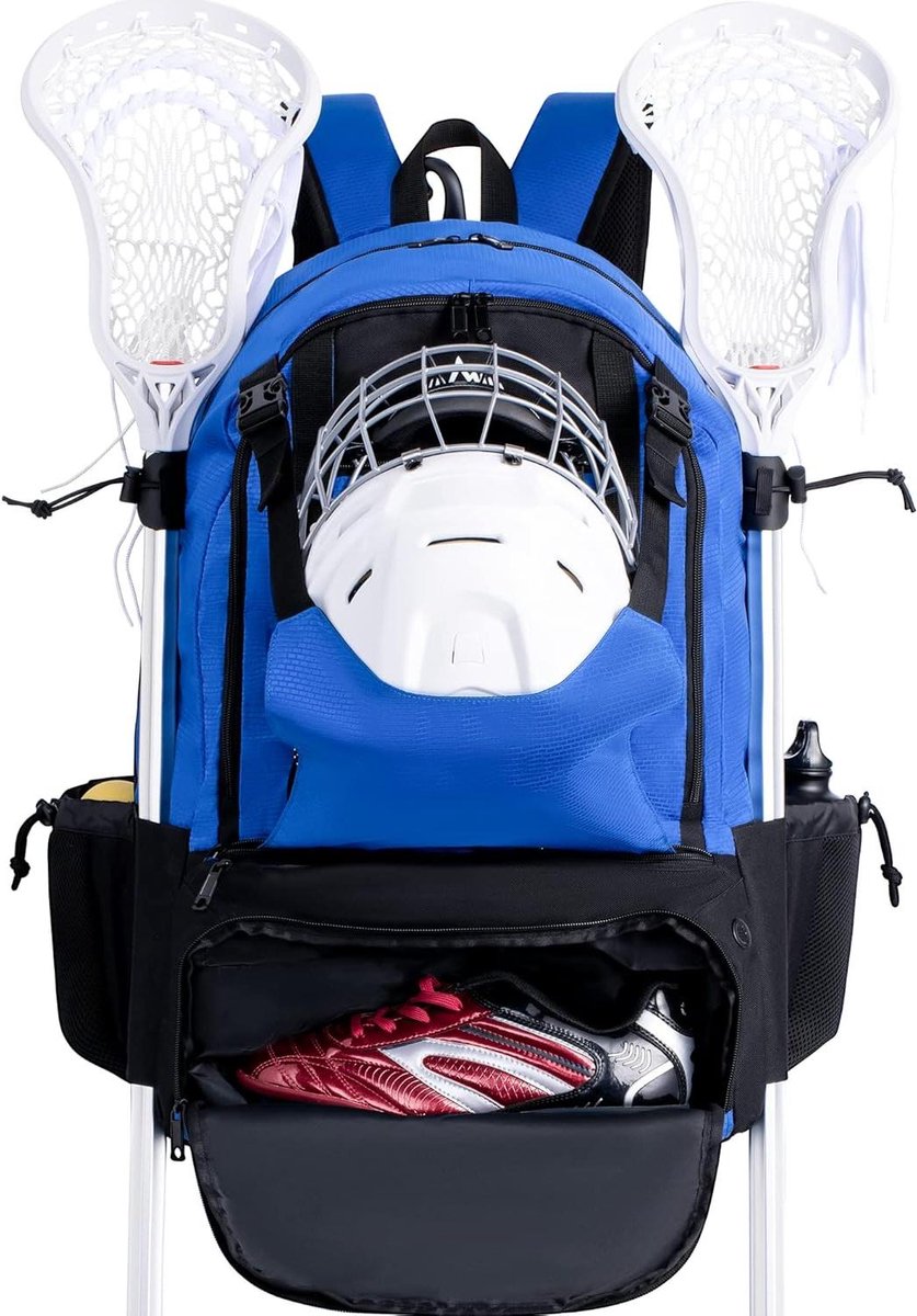 Lacrosse Tas - Rugzak Sportuitrusting - Sportuitrusting Opbergen - Externe Helmhouder - 65 Liter - Zwart-Blauw