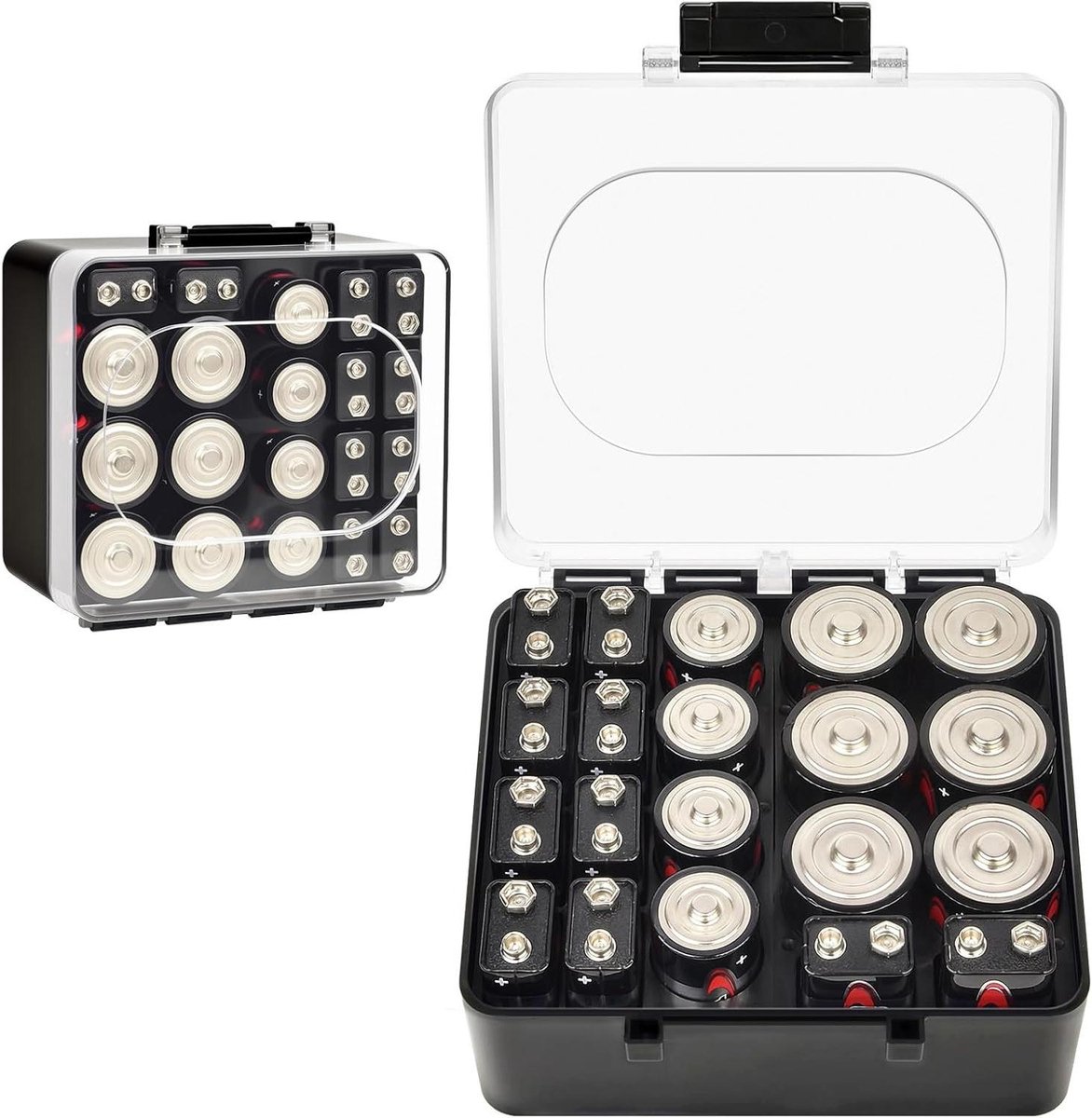 Batterij Opbergbox - Batterijhouder Organizer - Batterijen Sorteren - Afneembare Dubbele Modules - 14 x 12 x 7 cm - Zwart