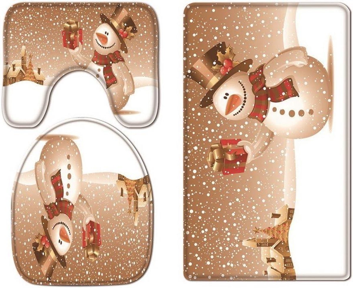 Toiletstoelhoes Set - Toiletdeksel Kussen - Kerstsfeer Creëren - Zacht Flanellen Materiaal - 3-delige Set - Wit Sneeuwpop