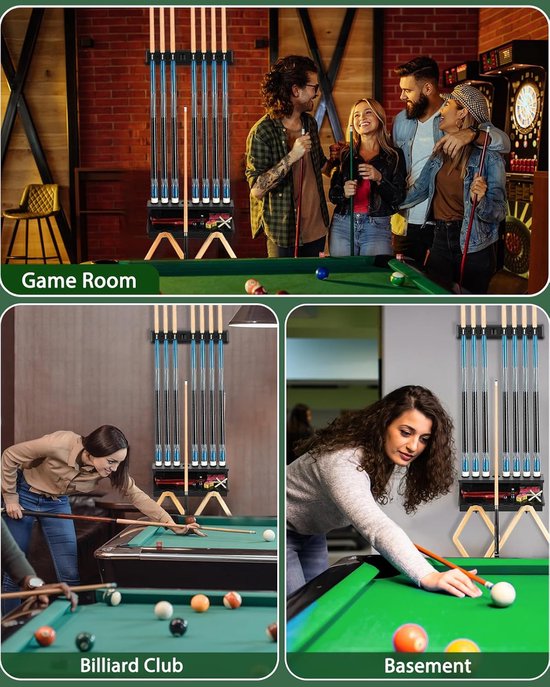 Pool Keu Rack - Biljart Keu Houder - Speelkamer Organiseren - Wandmontage Ontwerp - Voor 8 Keuen - Zwart — afbeelding 4