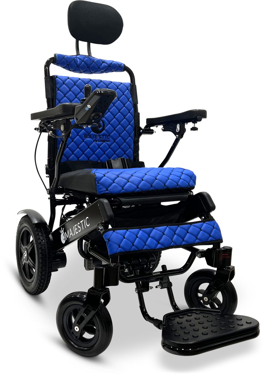 COMFYGO IQ-9000 AR Elektrische rolstoel, lichtgewicht, draadloze afstandsbediening, tot 30km, handmatig inklapbaar met Automatisch achterover leunen, Zwart frame & Blauw leer textiel, Zitbreedte 45cm