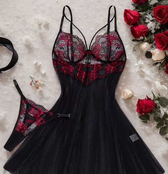 Dames Halloween Rood & Zwart Contrasterend Kanten Nachthemd met Diepe V-hals, Open Rug met Split Ontwerp Doorschijnende Lingerie Enkellaags Semi-transparant Geborduurde Bustierstijl Rozenborduursel Straalt Betoverende Charme Uit