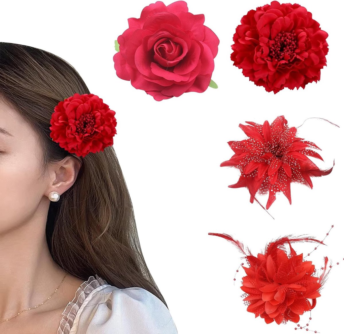 Set van 4 Haarspelden met Rode Bloemen - Kunstbloemen Haaraccessoires voor Feestelijke Decoratie en Bruiloften