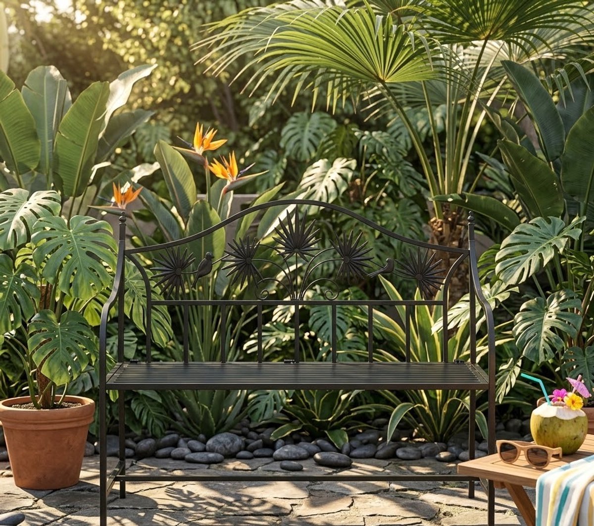 Luxe Zwarte Metalen Tuinbank met Bloem- en Vogelmotief – 2-3 Persoons Weerbestendige Bank 120 cm voor Tuin, Balkon & Terras
