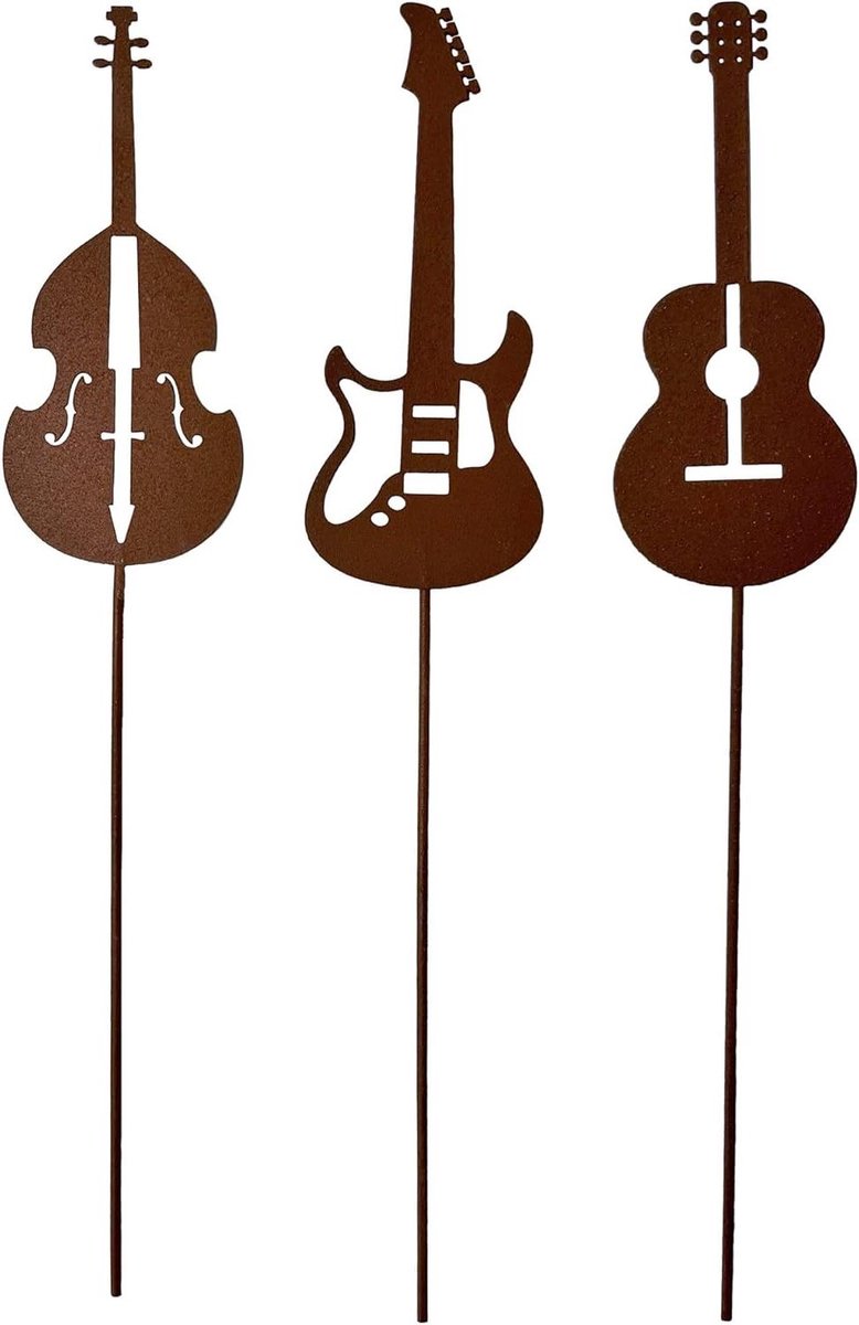 Tuinstekers Gitaar Viool - Decoratie Stekers - Tuin Decoreren - Roestlook Metaal - 3 stuks - Bruin