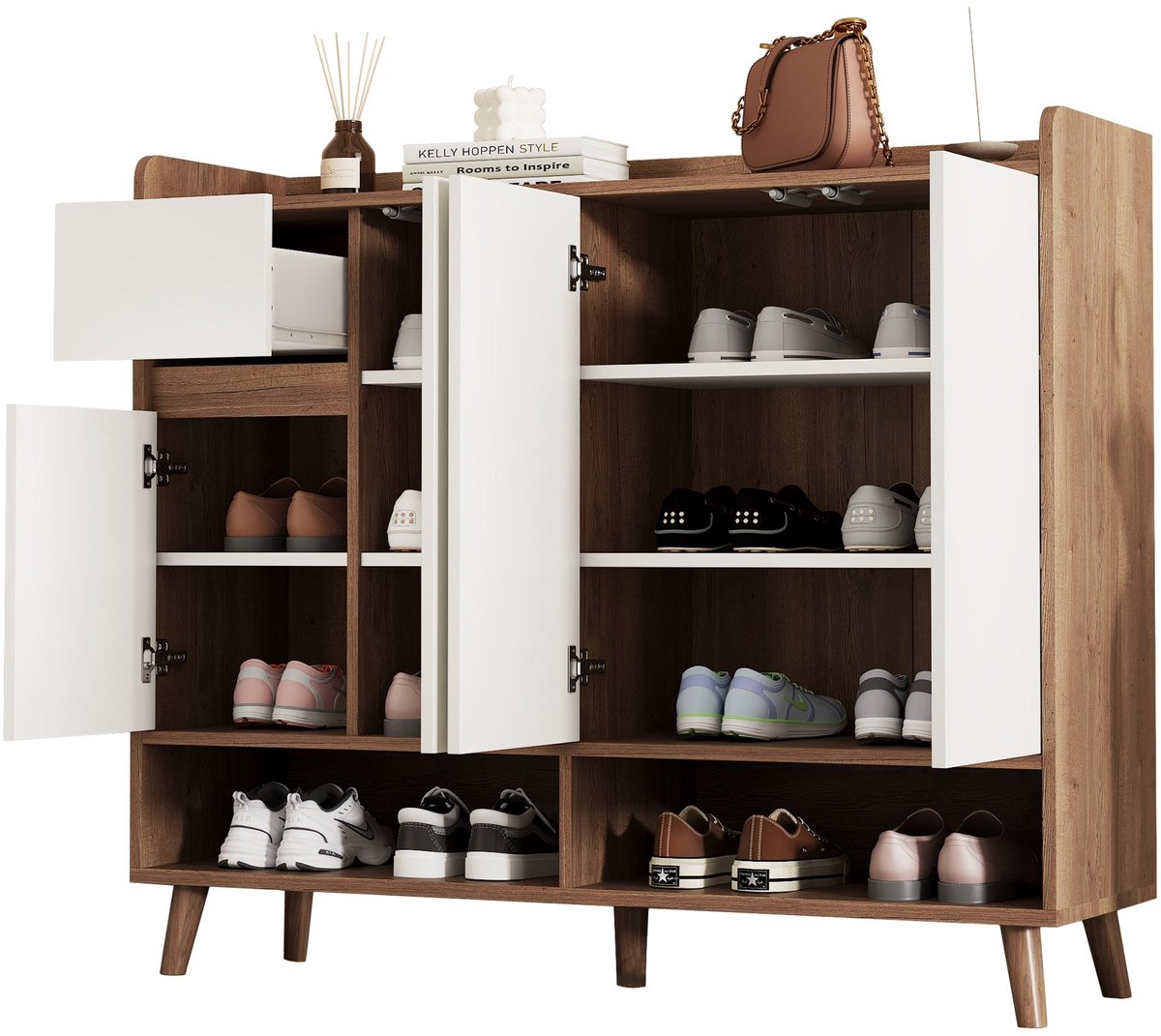 Merax Opbergkast met 4 Deuren en Lade - Dressoir Kast met Verstelbare Plank - Schoenenkast en Servieskast - Wit en Houtkleur 120x35x99 cm
