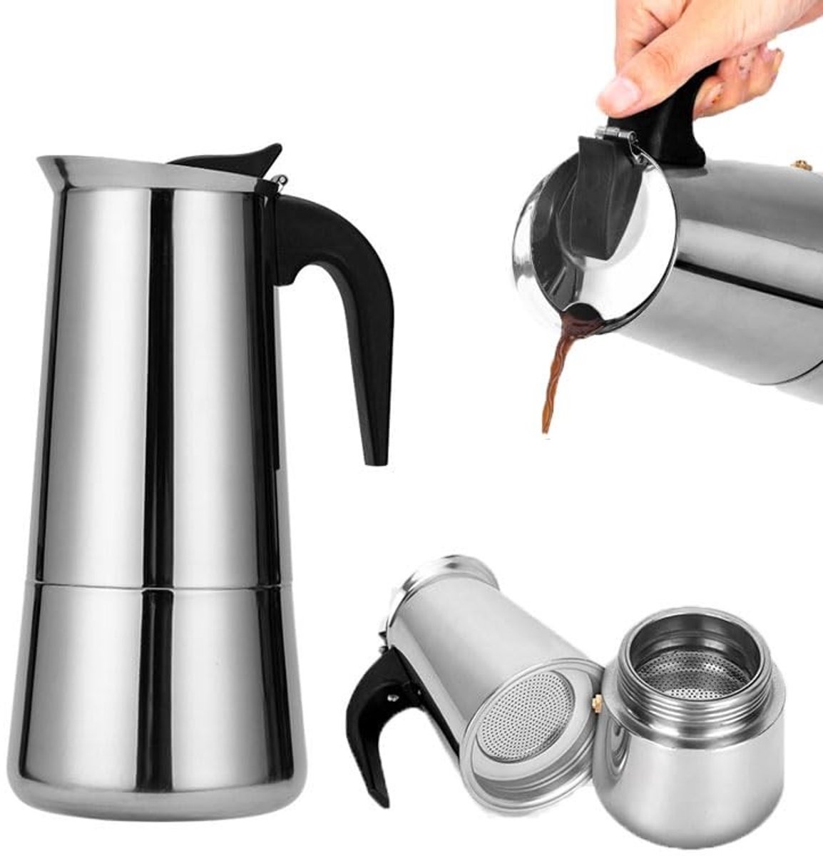 Allecto - Kookplaat - Koffiezetapparaat - Veilig en duurzaam - Roestvrij staal - Moka pot - Perfect voor thuis en camping - Inhoud 450 ml