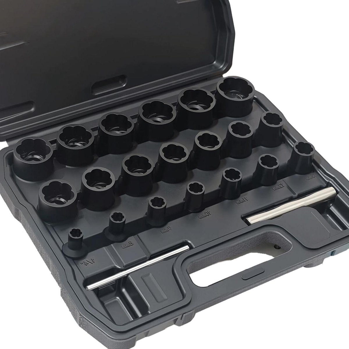 Moer Verwijderingsset - Bouttrekker Set - Beschadigde Moeren Verwijderen - Omgekeerde Spiraal Groef - Metrisch 8-27mm - Zwart