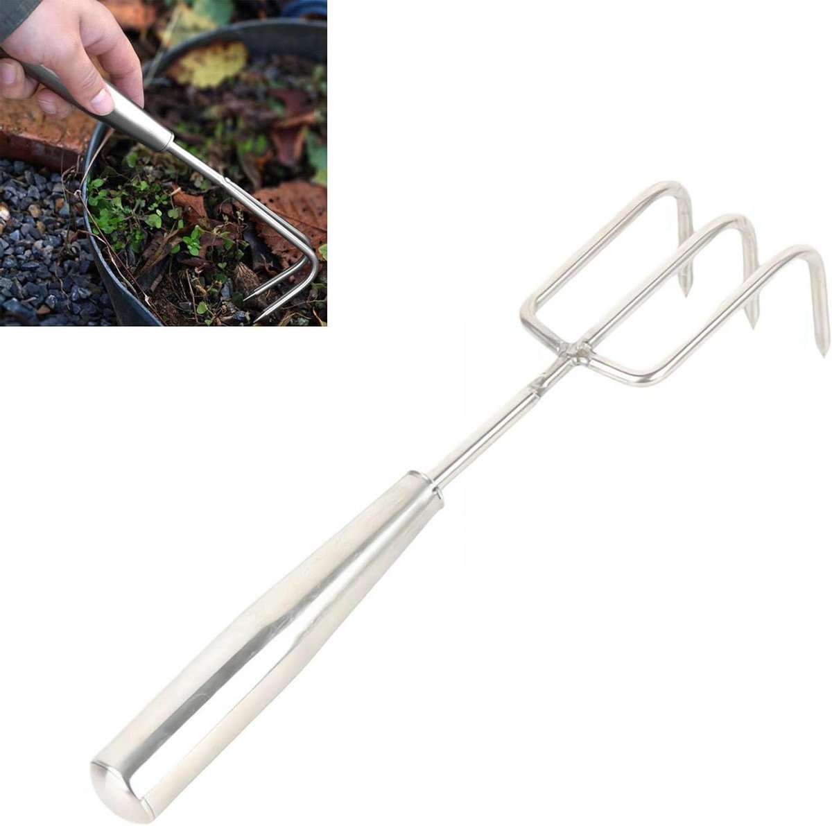 Handhark Roestvrij Staal - Tuinhark Kleinhark - Onkruid Wieden - Ergonomische Grip - 29 cm - Zilver