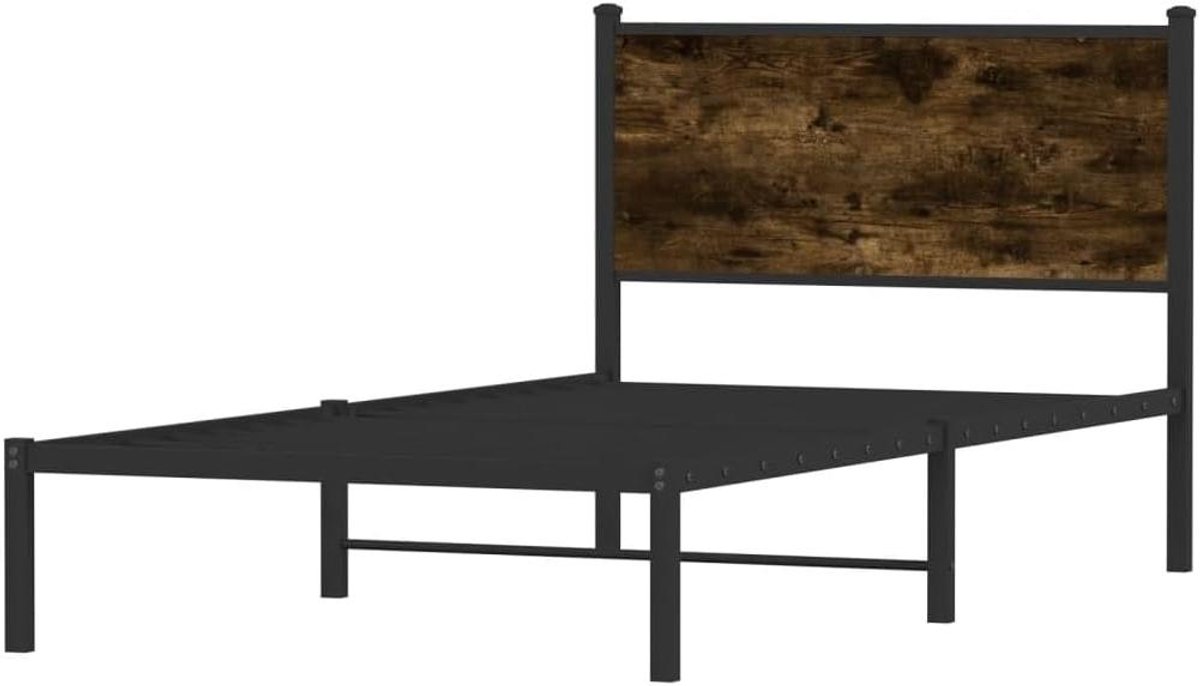 Bedframe met hoofdbord - Ledikant Metaal - Slaapkamer Inrichten - Robuust Stalen Frame - 100x200 cm - Gerookt Eiken
