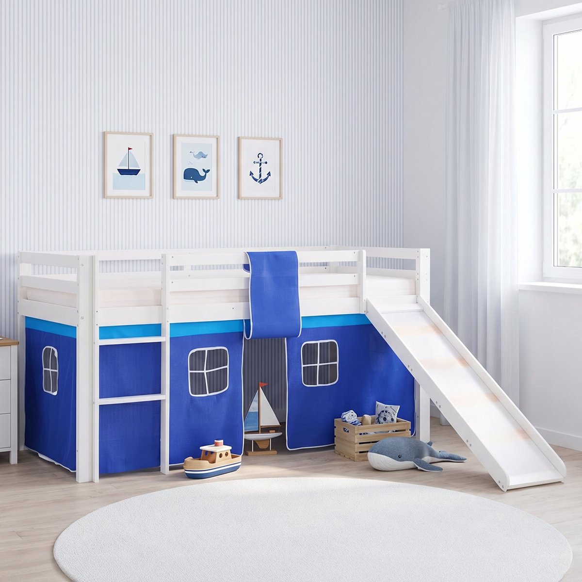 Homestyle4u Hoogslaper - 90x200 cm - Wit - Blauw - Glijbaan