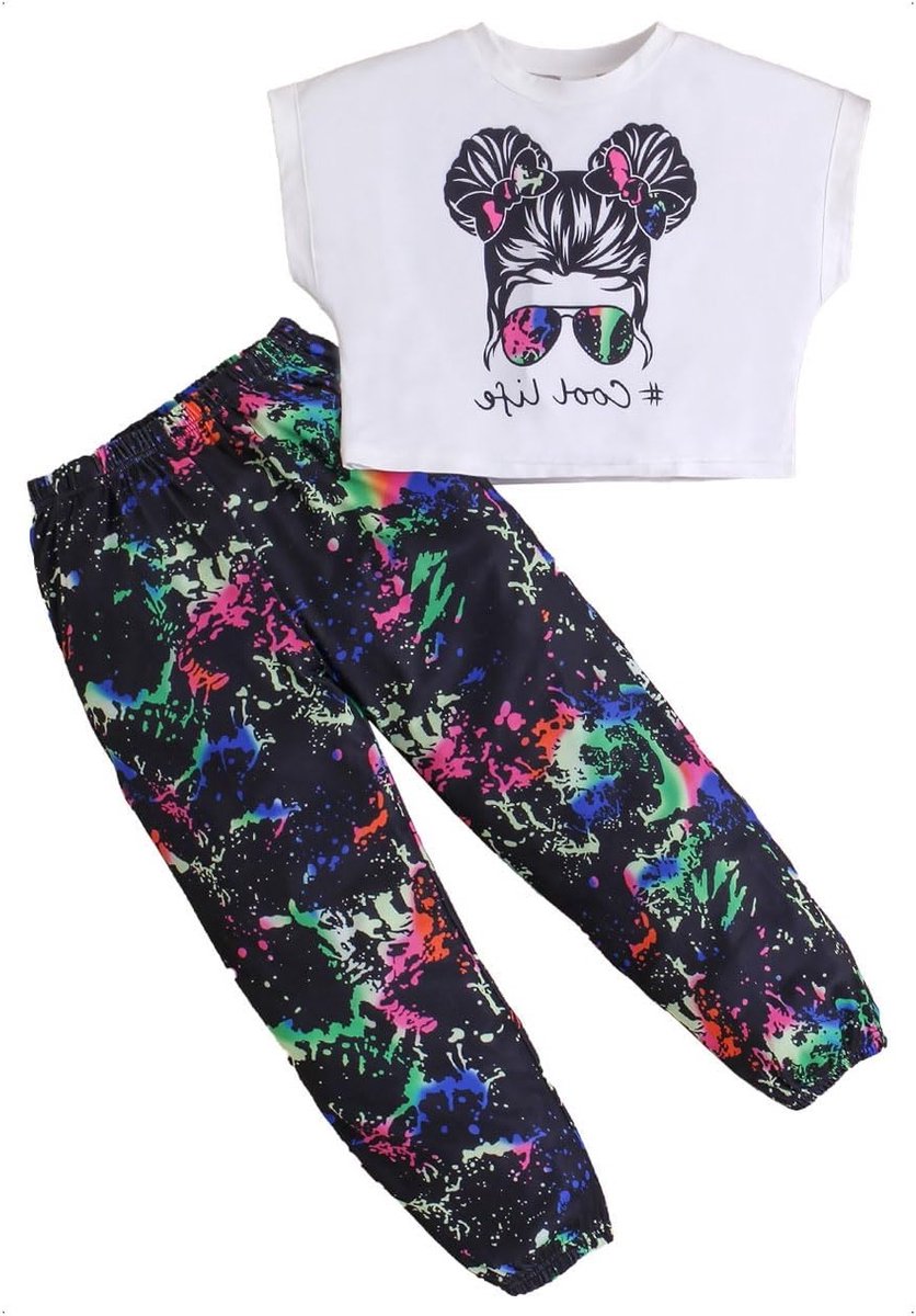 Zomerse Hip Hop Kledingset voor Meisjes met Korte Mouwen en Camouflage Broek - Perfect voor Street Dance en Activiteiten van 5-12 Jaar