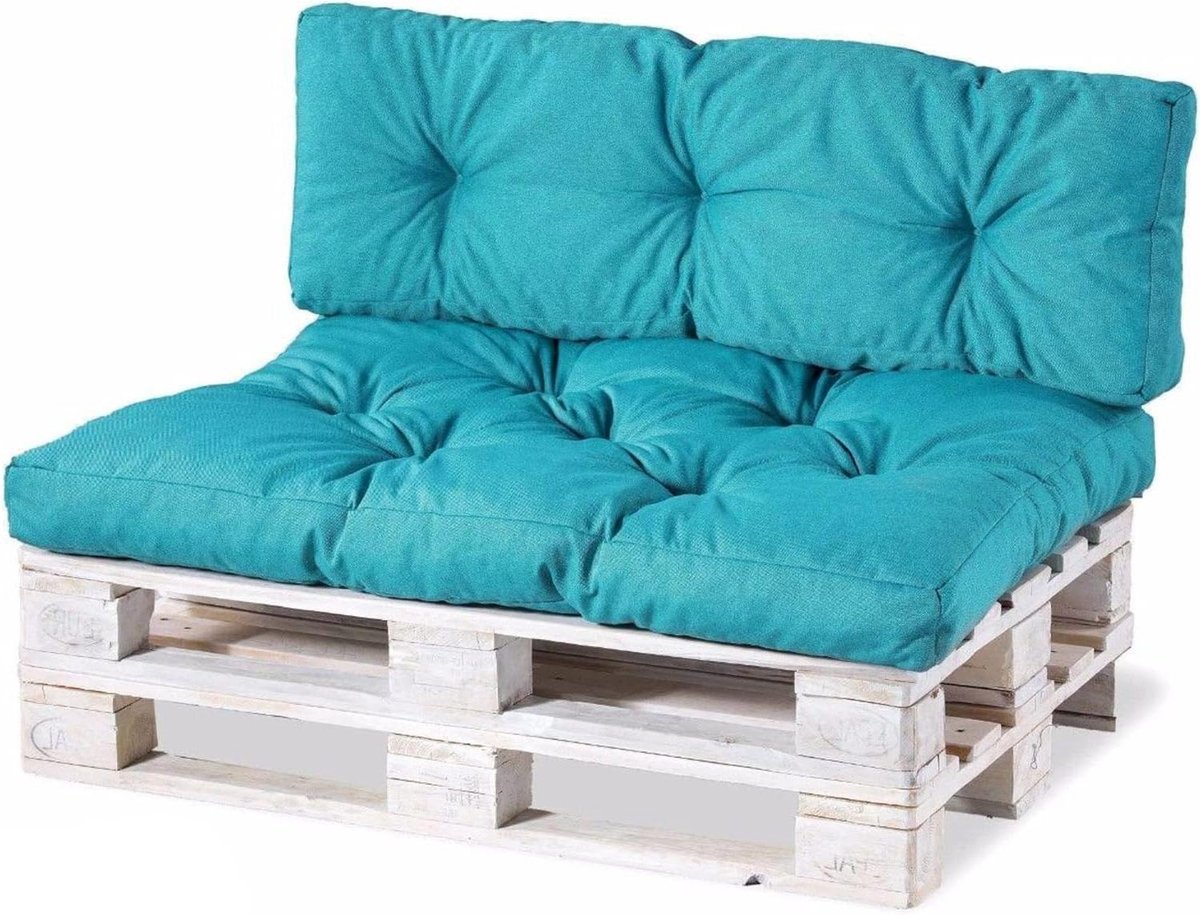 Palletkussens Tuinbank - Kussenset Buiten - Buiten Zitten - Gegranuleerd Schuim Vulling - 120x80cm + 120x40cm - Hemelsblauw