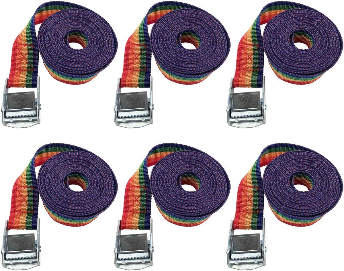 Spanbanden met Ratsel - Bevestigingsbanden Bagage - Bagage Vervoeren - Zink-ijzeren Gespen - 25mm x 6m - Regenboogkleuren