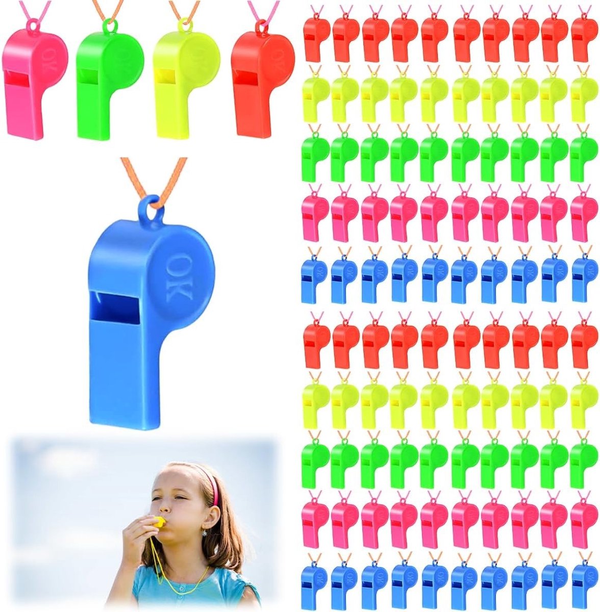 Plastic Fluitjes voor Kinderen - 100 Stuks in 5 Kleuren, Ideaal voor Sport, Training en Noodgevallen, Inclusief Lanyard en Sterke Geluid