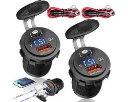 2 Stuks 52.5W 2 Poort 12V USB Oplaadpunt voor Auto en Motorfiets, Waterproof en Aluminium, Snelle Oplader met PD USB C en QC3.0 voor 12 Volt Gebruik