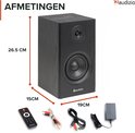 Zwarte boekenplank speaker met afmetingen 26.5x15x19cm, inclusief accessoires zoals afstandsbediening en kabels.