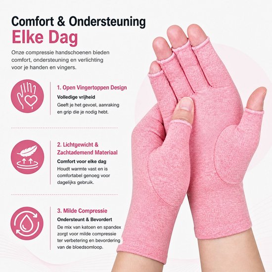 KANGKA® Reuma Compressie Handschoenen - Open vingertoppen voor Bewegingsvrijheid - Verlichting van Artritis en Reumatische Pijn - Maat L - Roze Kleur
