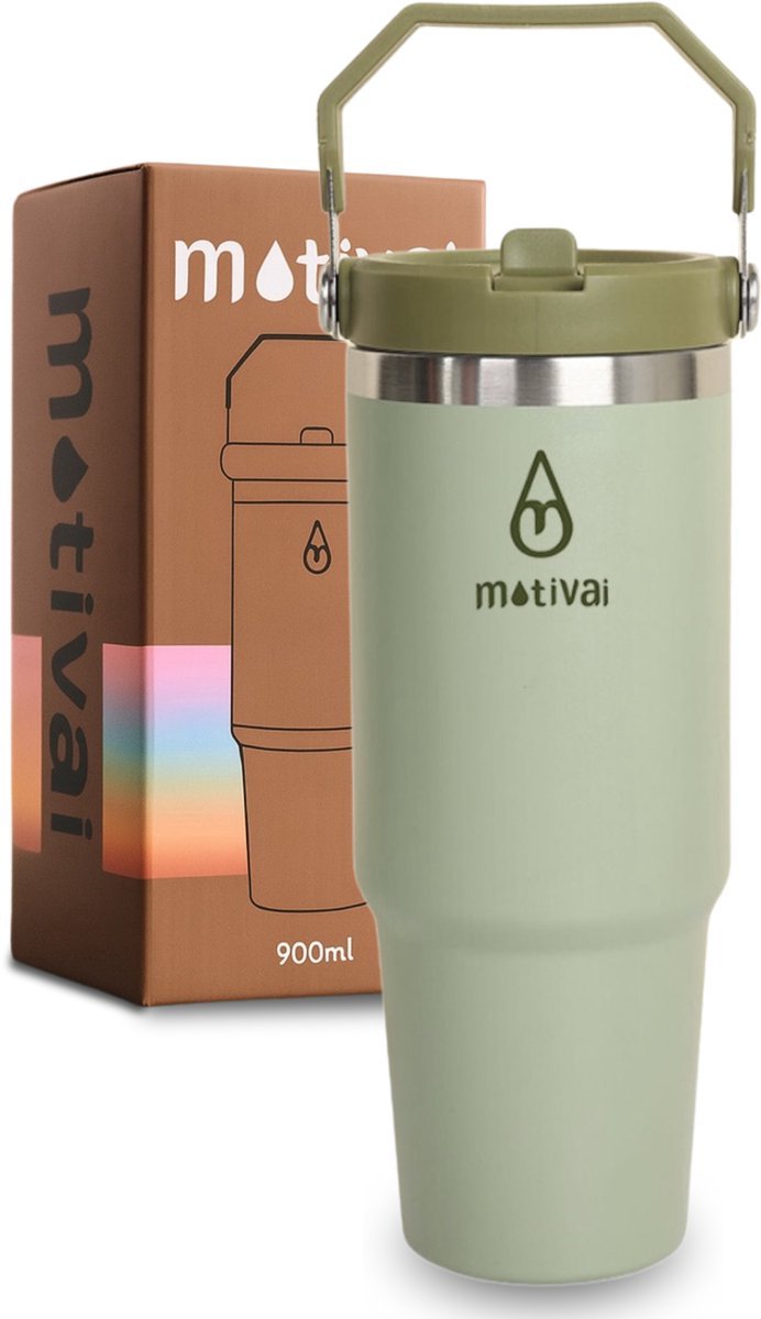 Motivai Flip Straw Tumbler - Lime Groen - 30oz - Travel Cup - RVS Thermosbeker met Handvat en Rietje - Drinkbeker To Go - 900 ML - Travel Mug - Thermosbeker - Thermosfles - Thermoskan - Geschikt voor warme en kouden dranken -Drinkfles - Waterflessen