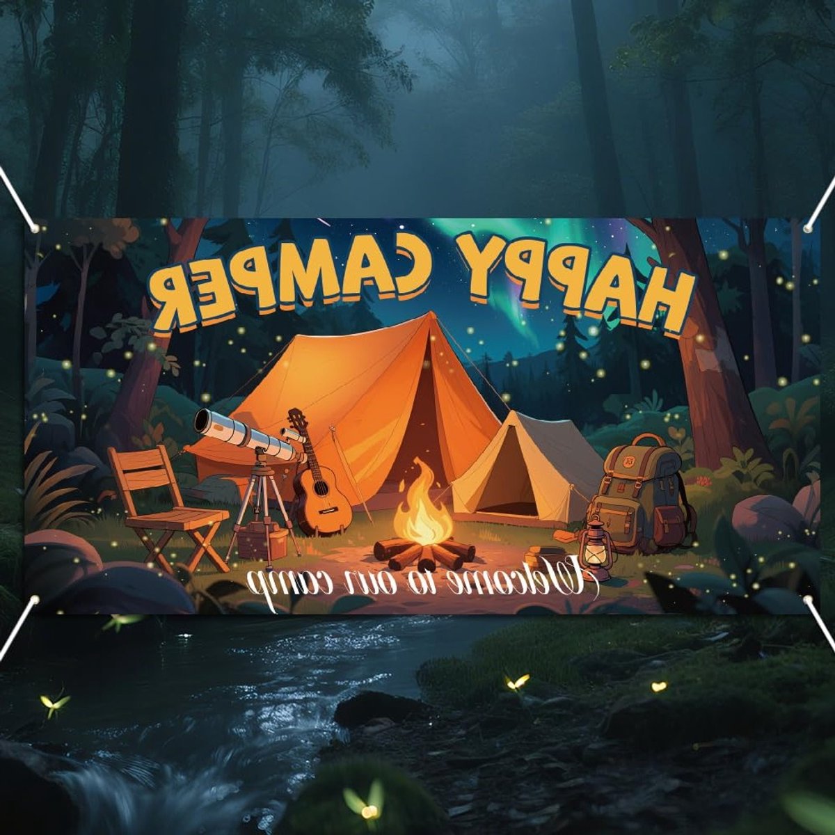 Camping Achtergrond Banner voor Happy Camper Thema, 5.9x2.9ft Fotografie Decoratie voor Kampeerfeest, Avontuurlijke Feestbenodigdheden en Campfire Decor