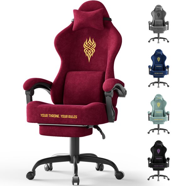 Vergelijking van de bordeauxrode gamestoel met vier andere kleuren: grijs, blauw, mintgroen en zwart.
