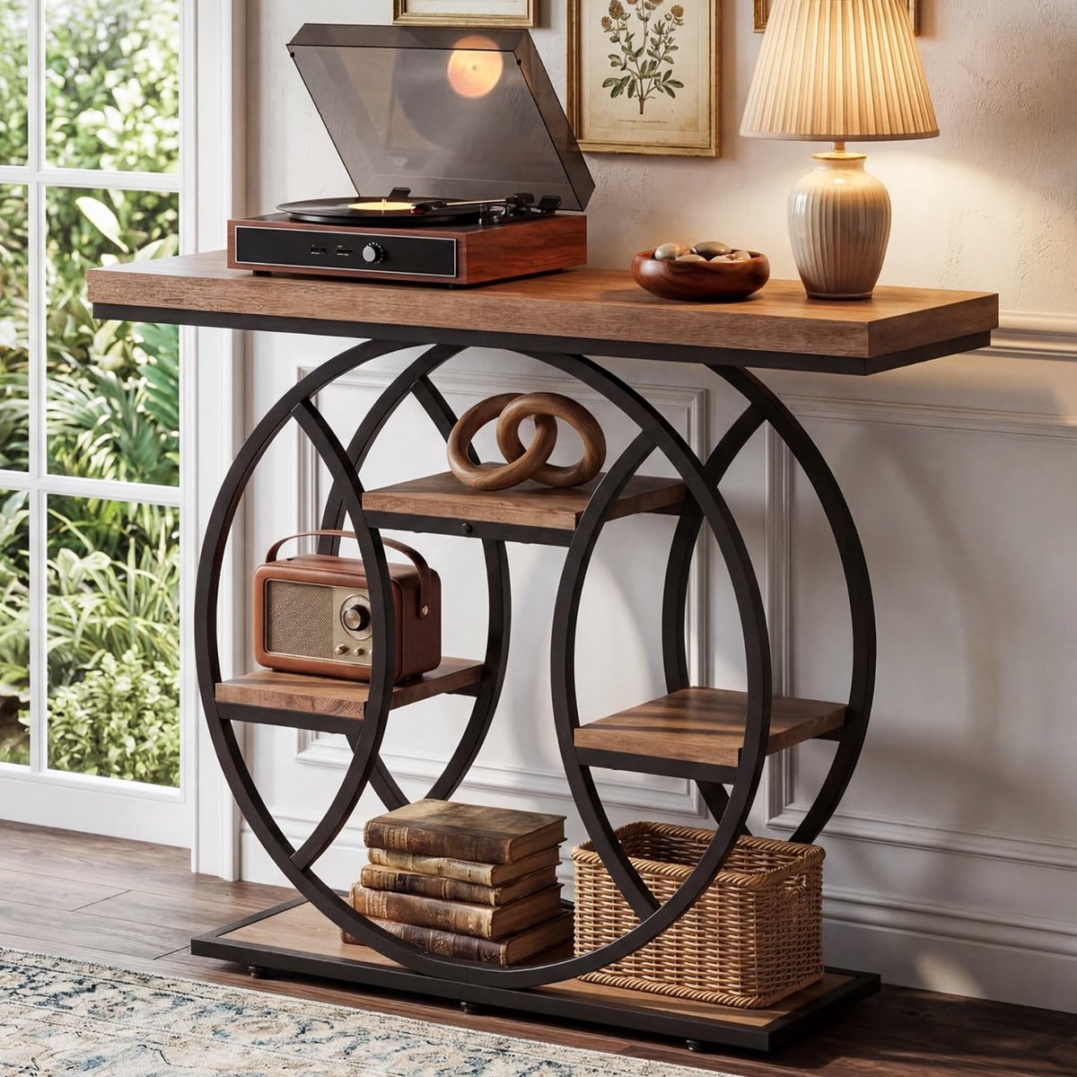 Little Trees LITTLE TREE - Console Tafel 4-Laags - 105 X 35 X 85 Cm - Rond Metalen Frame - Smalle Houten Gangtafel - Bruin