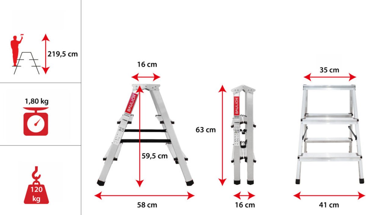 Baulich Opvouwbare aluminium ladder voor huishouden - 3 treden dubbelzijdig met antislip - werkhoogte 219 cm, max. belasting 120 kg – foto 8