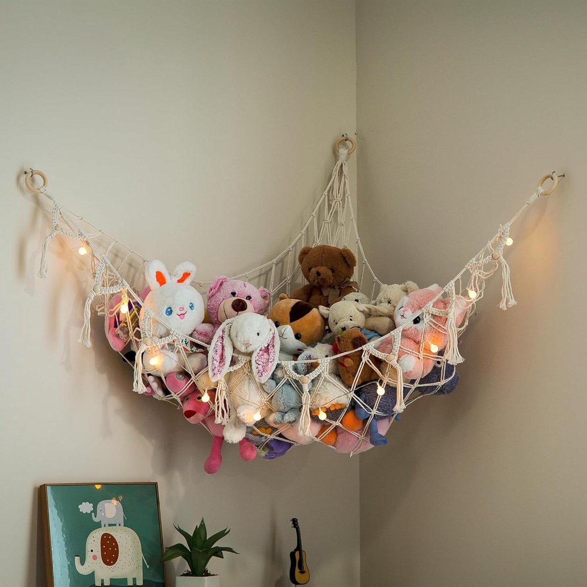 Macramé Hangmat - Speelgoednet Organizer - Knuffels Opbergen - Met Lichtslingers - 2 Stuks - Wit