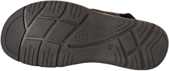 Zool van een bruine nubuck sandaal met profiel en het Rohde logo.