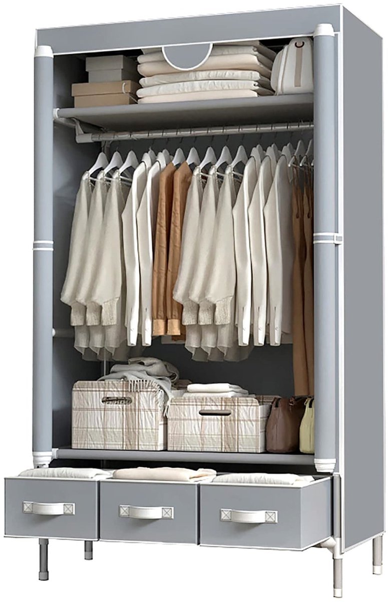 Merax Kledingkast Grijs 170 cm - Opvouwbare Kledingkast met Hangstang en Laden - Lichtgewicht Opbergkast met Schuifdeur - Vrijstaande Kast voor Slaapkamer