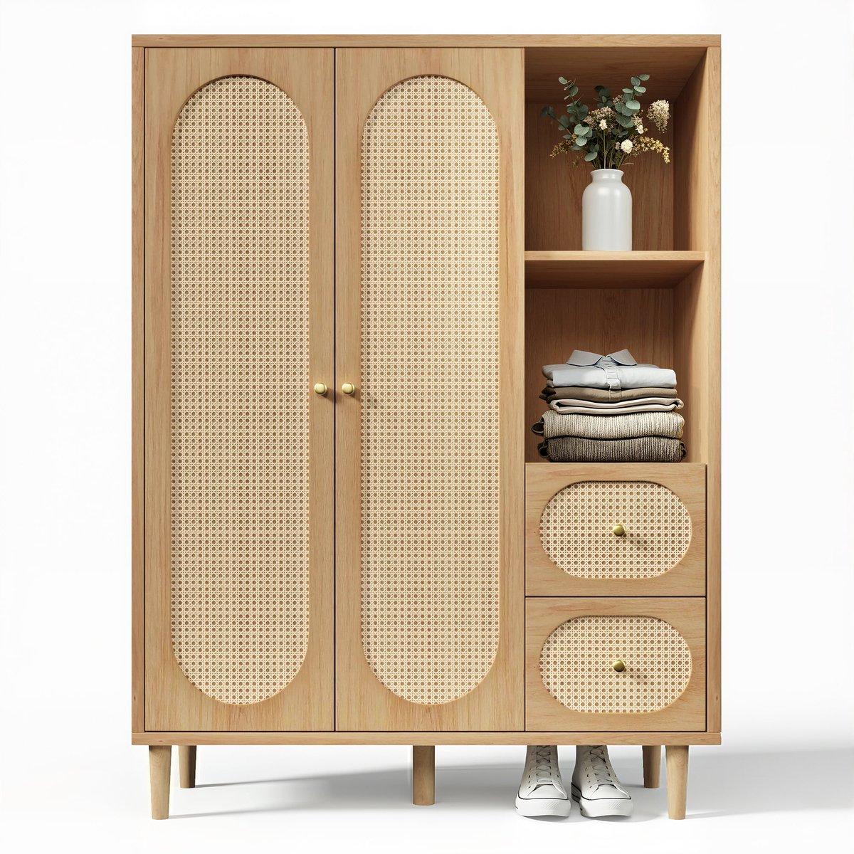 Merax Kledingkast 120 cm - Kleiderschrank met 2 Deuren - 2 Lades en Legplanken - Garderobekast met Hangruimte - Houtlook Eiken - 161x120x44 cm Bruin