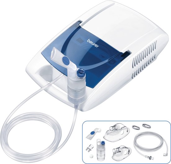 Beurer inhalator met blauwe details, inclusief diverse maskers, mondstuk en slang.