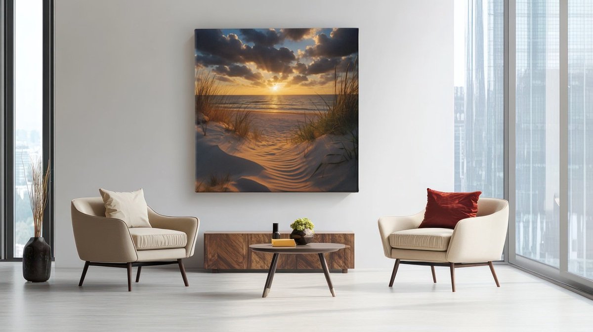 Trendex Global Vierkant Canvas Schilderij Strand Zonsondergang - Duinen en Zee - Rustgevende Wanddecoratie Woonkamer - 100 x 100 cm Bruin