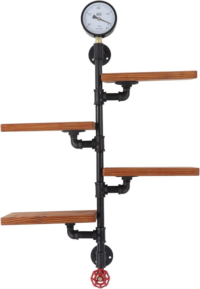 4-laags Wandplank van Hout met Industrieel Design, Multifunctionele Boekenplank en Floating Shelves voor Woonkamer, Keuken en Bar