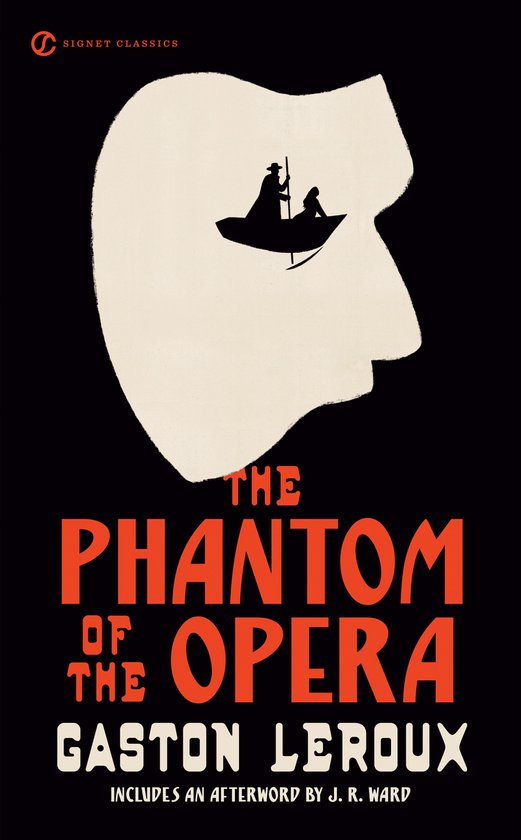 Boekomslag van 'The Phantom of the Opera' door Gaston Leroux, met een illustratie van een boot in een profiel.