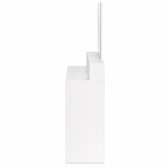 Zijaanzicht van een strakke witte kaptafel met een spiegel.