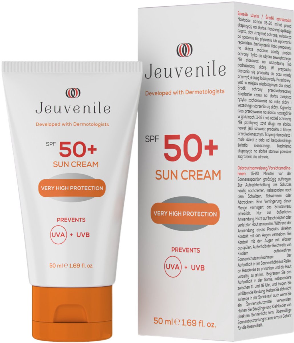 Jeuvenile Zonnebrandcrème SPF 50+ Voor Optimale Bescherming tegen UVA- en UVB-straling en Huidverzorging, Trekt Snel in, Voelt niet Vettig aan, Vermindert Vlekjes, Hydraterende Zonnebrandcrème, Geschikt voor Alle Huidtypes, 50 ml