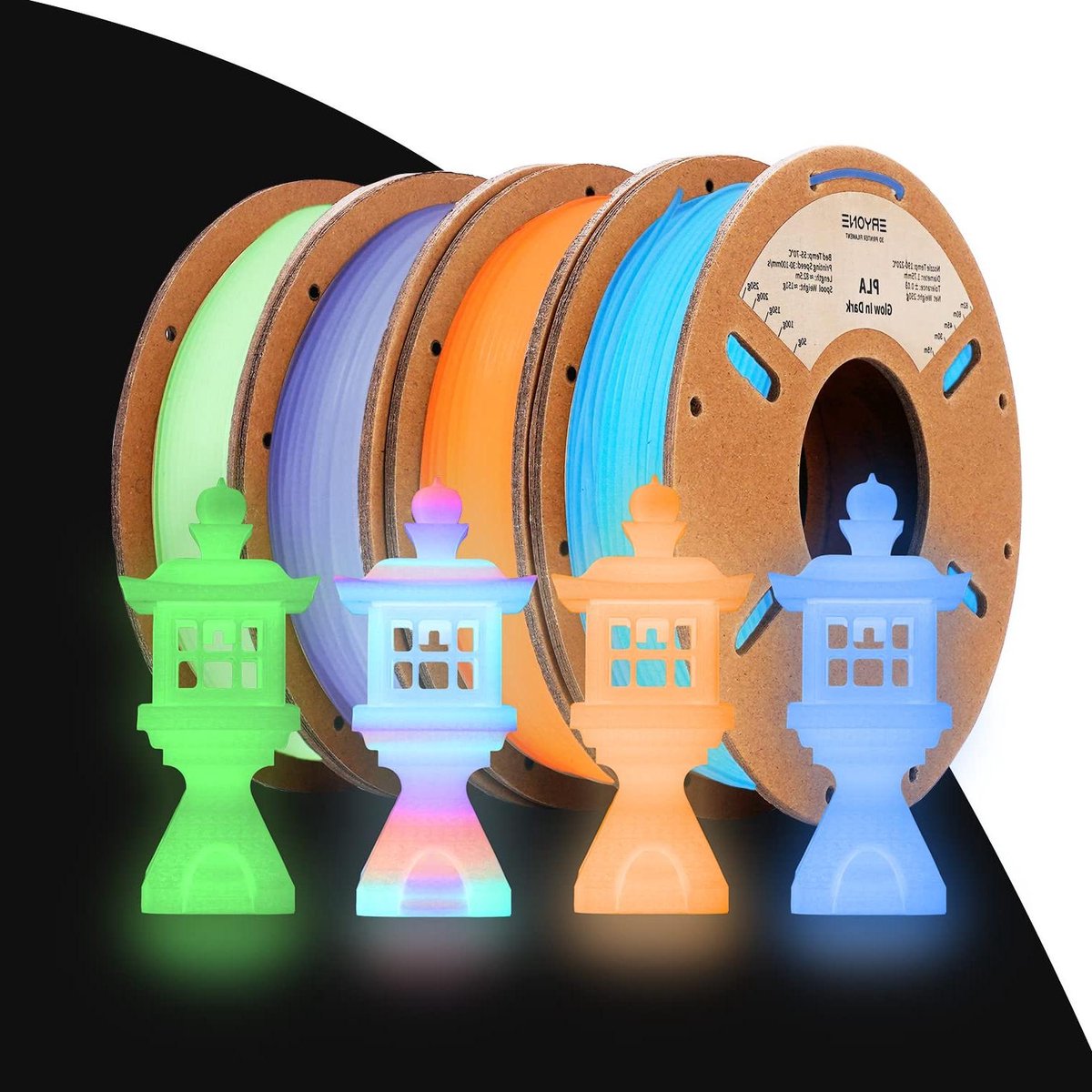 3D Printer Filament - PLA Draad - Creatief Printen - Glow in the Dark - 4x 250g - Meerkleurig