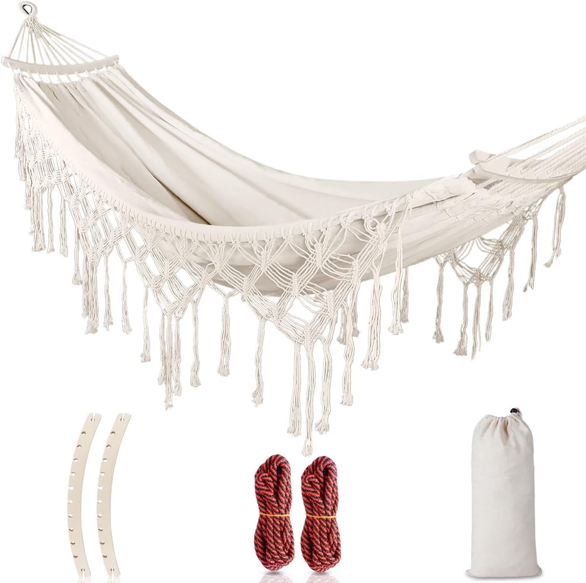 Hangmat - Draagbaar met draagtas - 280 x 140cm - Draagvermogen tot 300 kg - Witte - Hangmat met Spreidstok - Weerbestendig - Hangmatten Camping - hangmat 2 persoons - van Imperatoris