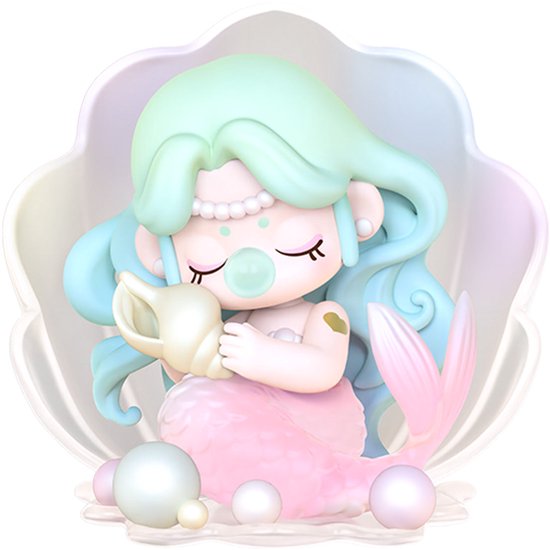 Zeemeerminfiguur in een schelp met roze staart en parels, met mintgroen haar.