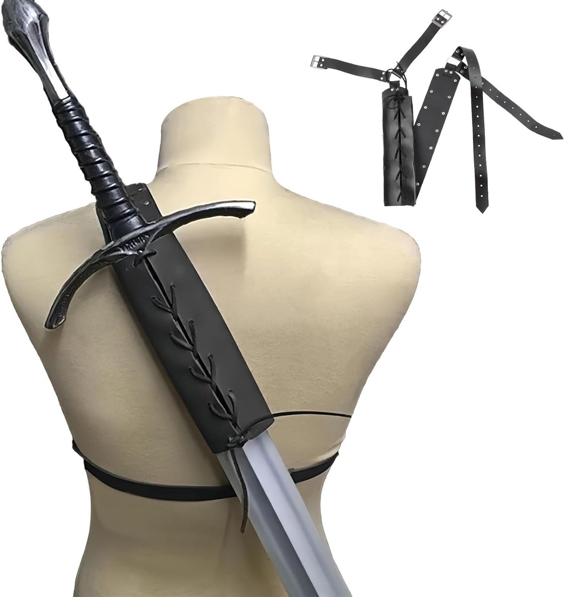 Verstelbare Zwarte Zwaarddrager voor Middeleeuwse Kostuums, Schouderholster met Leer en Gesp voor Volwassenen en Mannen, Ideaal voor Cosplay en Rollenspellen
