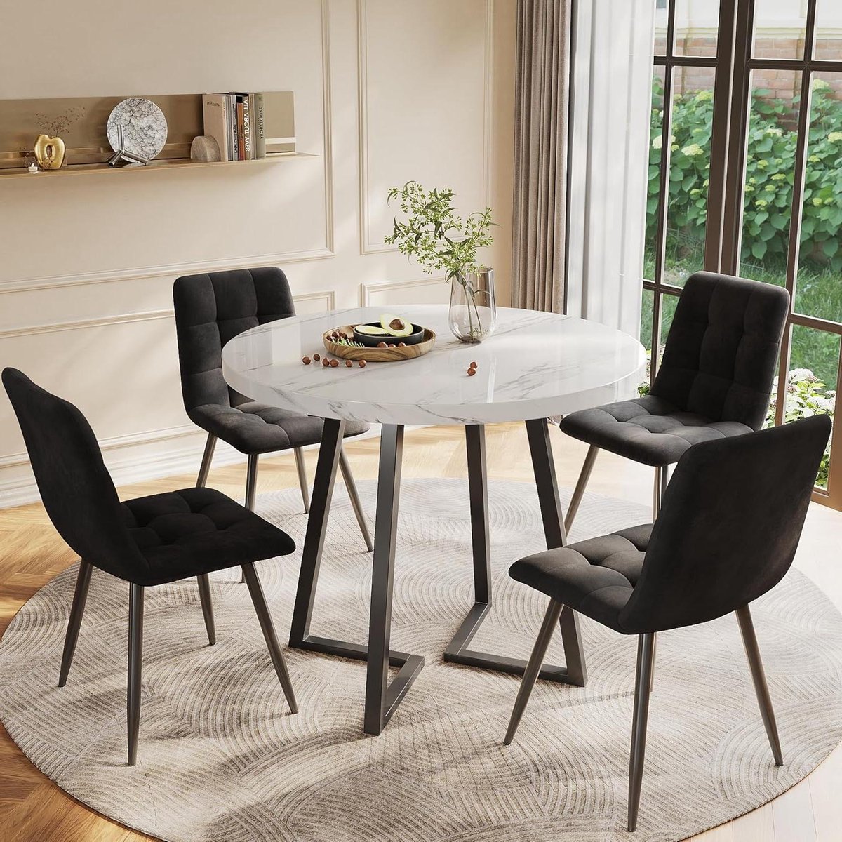 Eettafel met 4 stoelen - Keukentafel set Ronde tafel - Samen eten - Marmerlook tafelblad - 80 cm diameter