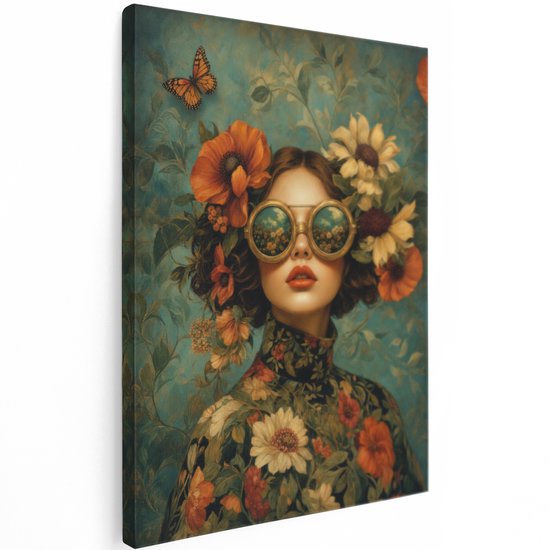Peinture sur toile d'une femme avec des fleurs et un papillon.
