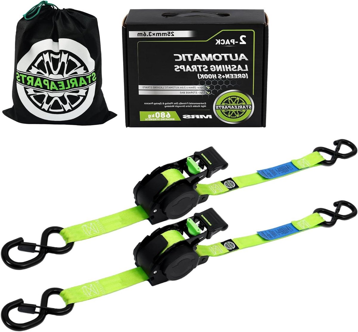 Automatische Sjorbanden - Intrekbare Spanbanden - Lading Zekeren - Zelfstrakkend met S-haak - 36 m x 25mm - Groen