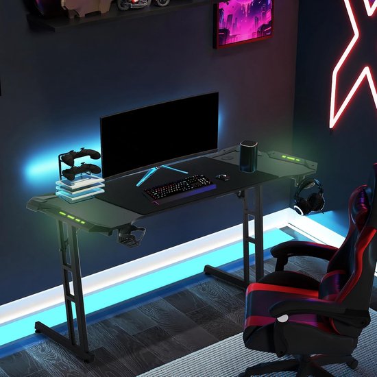 Gaming bureau - Speeltafel computerbureau - Gaming setup optimaliseren - Met RGB LED verlichting - 140 x 60 cm - Zwart — afbeelding 3