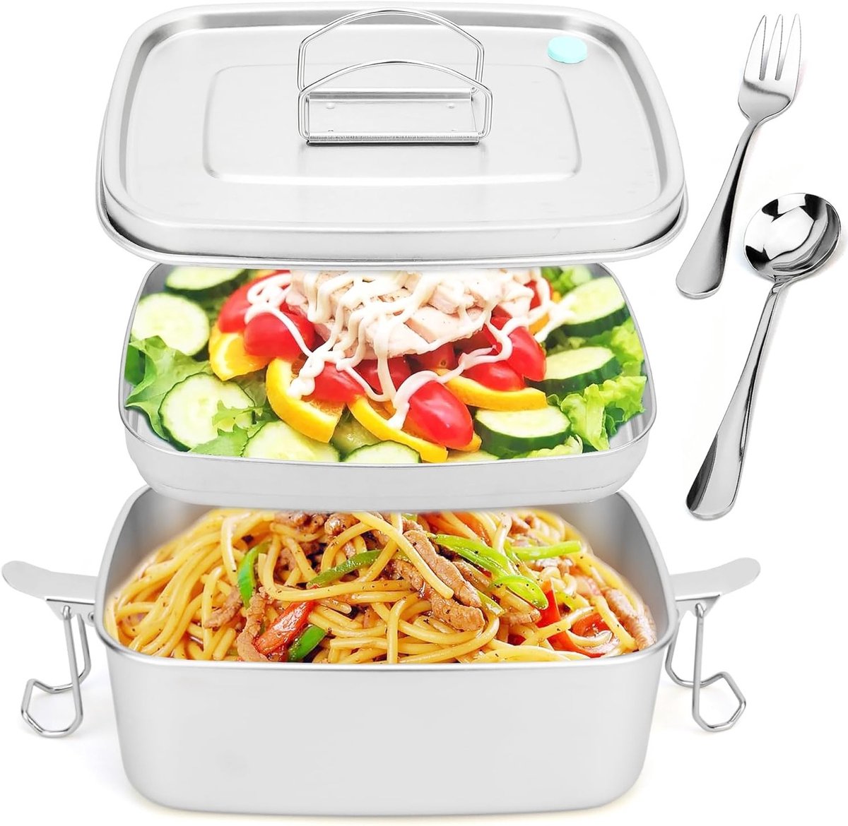 Dubbele Laag RVS Bento Box - 1.5L Magnetronbestendige Lunchdoos met Ventilatie en Bestek - Duurzaam en Lekvrij Voedselopslagcontainer