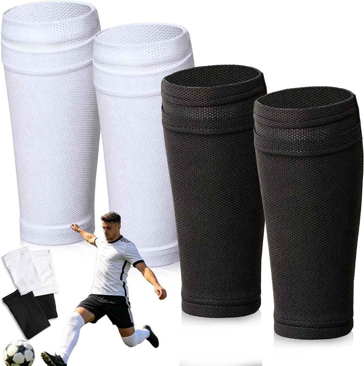 Ademende Voetbalkousen Set van 2 Paar, Geschikt voor Kinderen, Tieners en Volwassenen, Ideaal voor Beginners en Sportliefhebbers (Zwart, Wit)