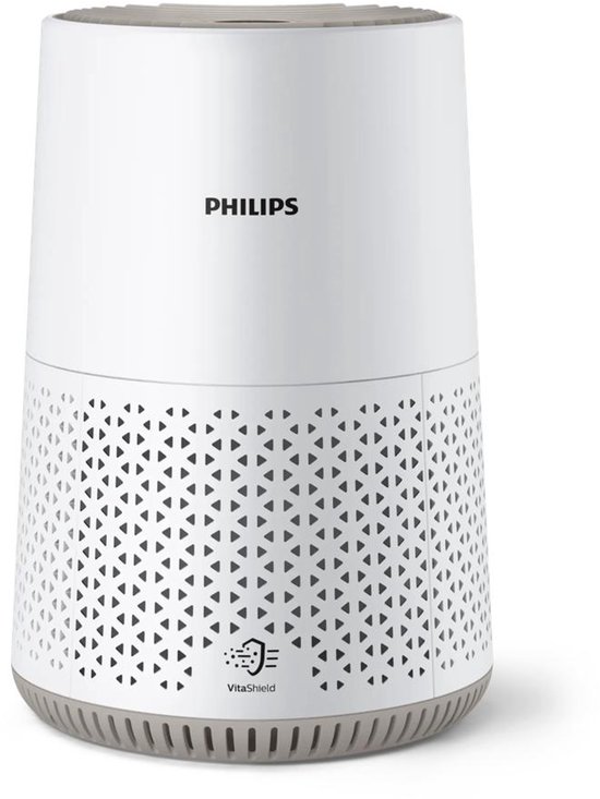 Witte Philips luchtreiniger met gedetailleerd patroon op de onderkant.