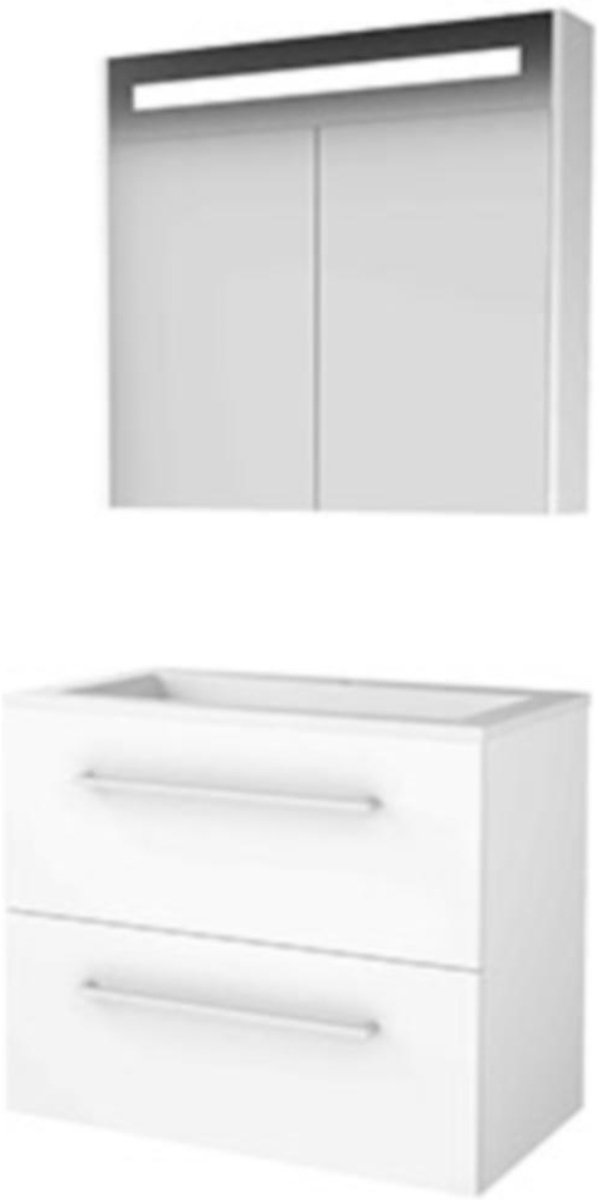 Basic-Line Premium 46 Badkamermeubelset - 80 x 46 cm - Met Grepen - 2 Lades - Acryl Wastafel - 1 Kraangat - Spiegelkast met LED Verlichting - Ice White